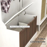 Mobile Appendiabiti 3 in 1 con 4 Ganci e Panca Contenitore, in Legno, 71.5x39.5x170 cm, Bianco