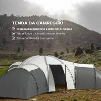 Tenda da Campeggio 6 Posti Impermeabile con 3 Aree Notte, Soggiorno e Portico, in tessuto Oxford, Grigio