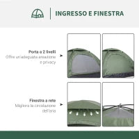 Tenda da Campeggio a Igloo con Porta a Cerniera, Zanzariera e Finestre a Rete, 206x152x110 cm, Verde