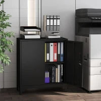 Armadietto da ufficio in metallo, porte chiudibili, cassettiera da ufficio, design a due livelli, Nero