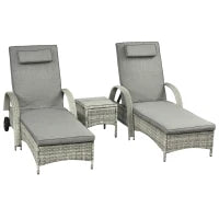 Set Lettini Prendisole con Tavolino da Giardino, Set da Giardino 3 Pezzi, Rattan Sintetico e Metallo, Grigio
