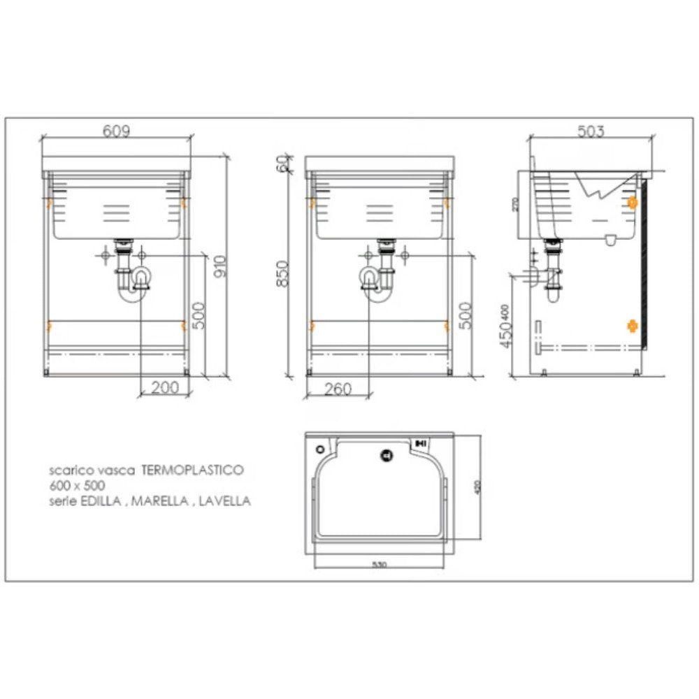 Mobile lavatoio 50x60 cm bianco con vasca in termoplastico, fondo salvagoccia e asse in termoplastico | Lavella