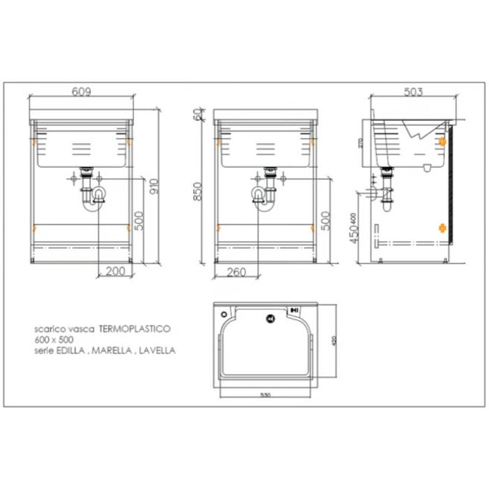 Mobile lavatoio 50x60 cm bianco con vasca in termoplastico, fondo salvagoccia e asse in termoplastico | Lavella