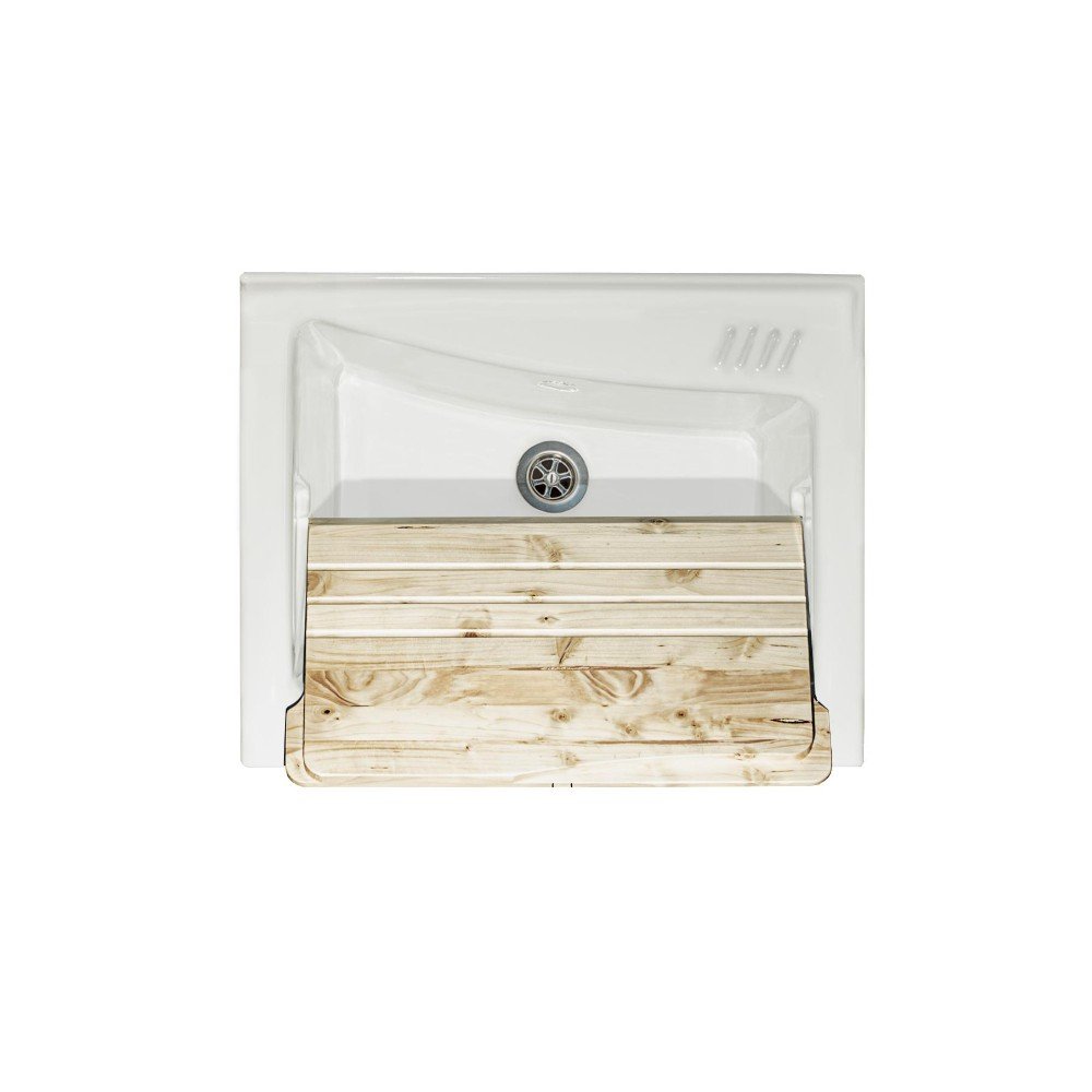 Mobile lavatoio 60x64 cm bianco con vasca in ceramica e asse in legno | Edilla 