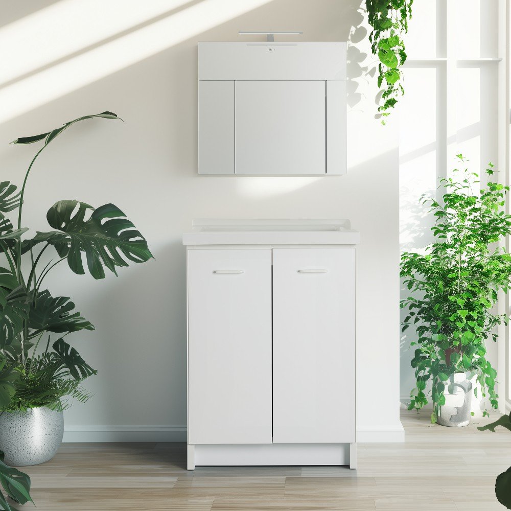 Mobile lavatoio 60x64 cm bianco con vasca in ceramica e asse in legno | Edilla 