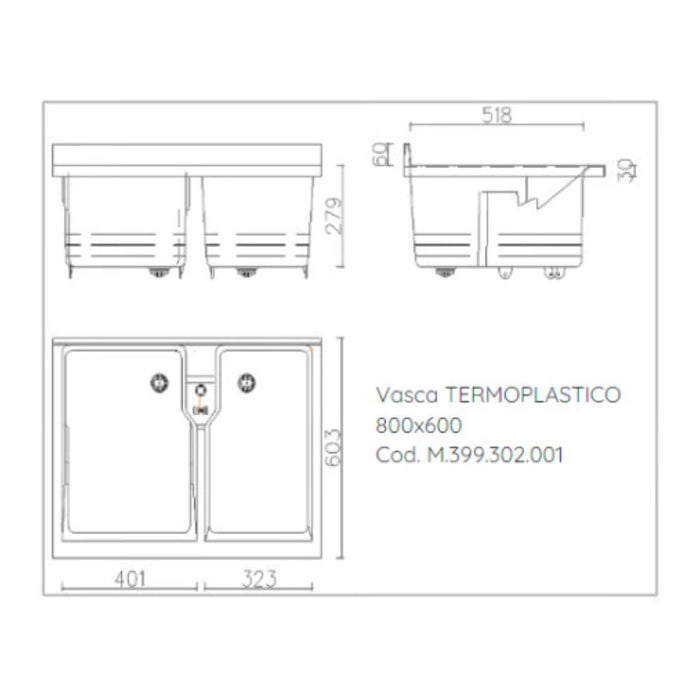 Mobile lavatoio 60x80 cm bianco con vasca in termoplastico e asse in termoplastico | Edilla