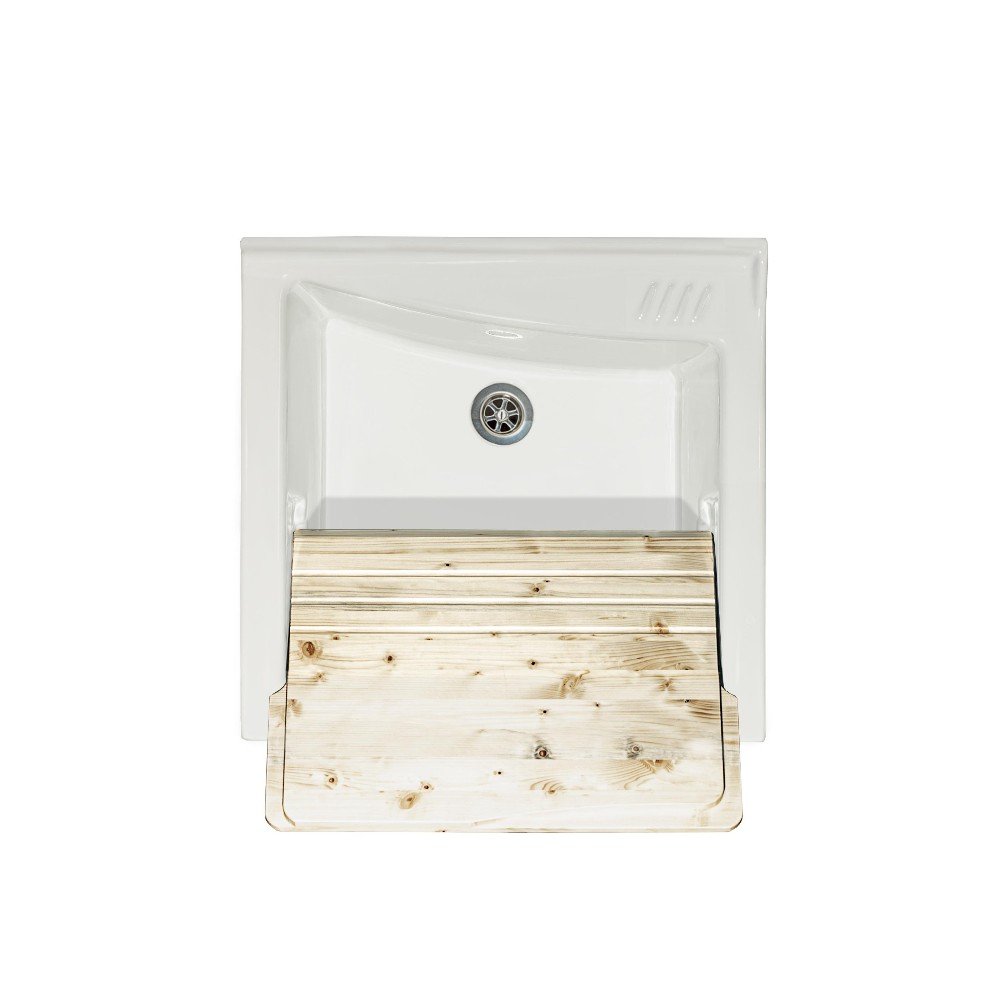 Mobile lavatoio 50x64 cm bianco con vasca in ceramica, fondo salvagoccia e asse in legno | Lavella