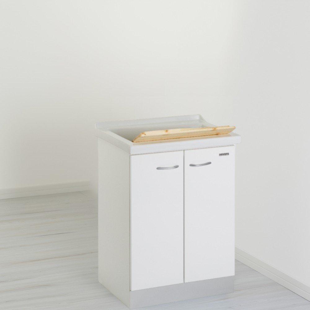 Mobile lavatoio 50x64 cm bianco con vasca in ceramica, fondo salvagoccia e asse in legno | Lavella