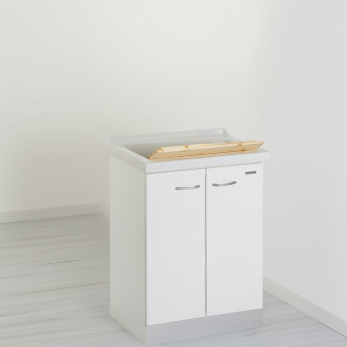 Mobile lavatoio 50x64 cm bianco con vasca in ceramica, fondo salvagoccia e asse in legno | Lavella