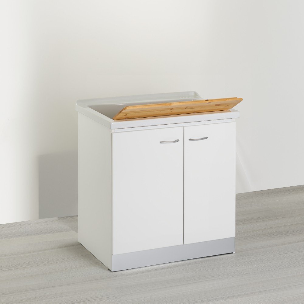 Mobile lavatoio 60x84 cm bianco con vasca in ceramica, fondo salvagoccia e asse in legno | Lavella
