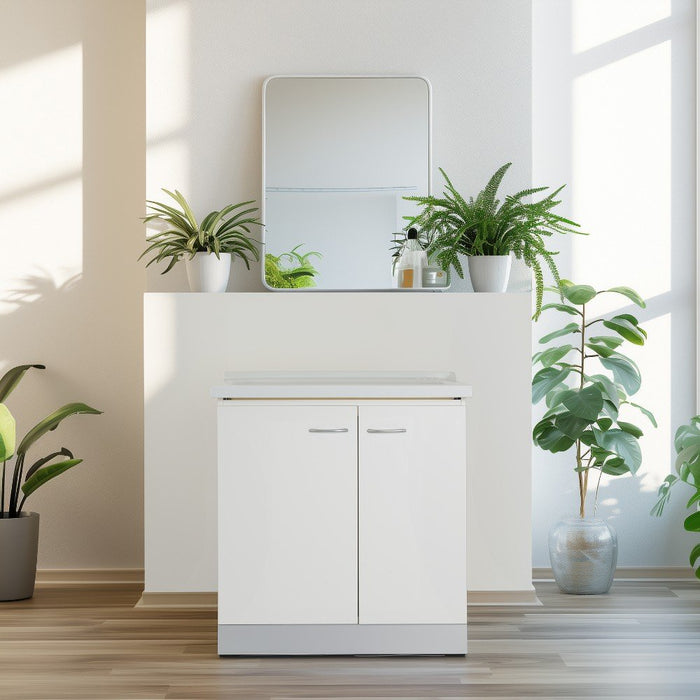 Mobile lavatoio 60x84 cm bianco con vasca in ceramica, fondo salvagoccia e asse in legno | Lavella