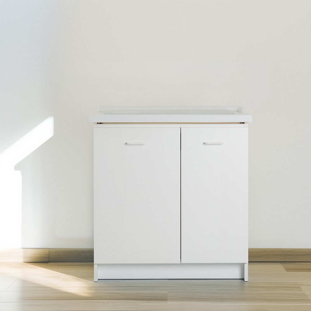 Mobile lavatoio 60x84 cm bianco con vasca in ceramica e asse in legno | Edilla