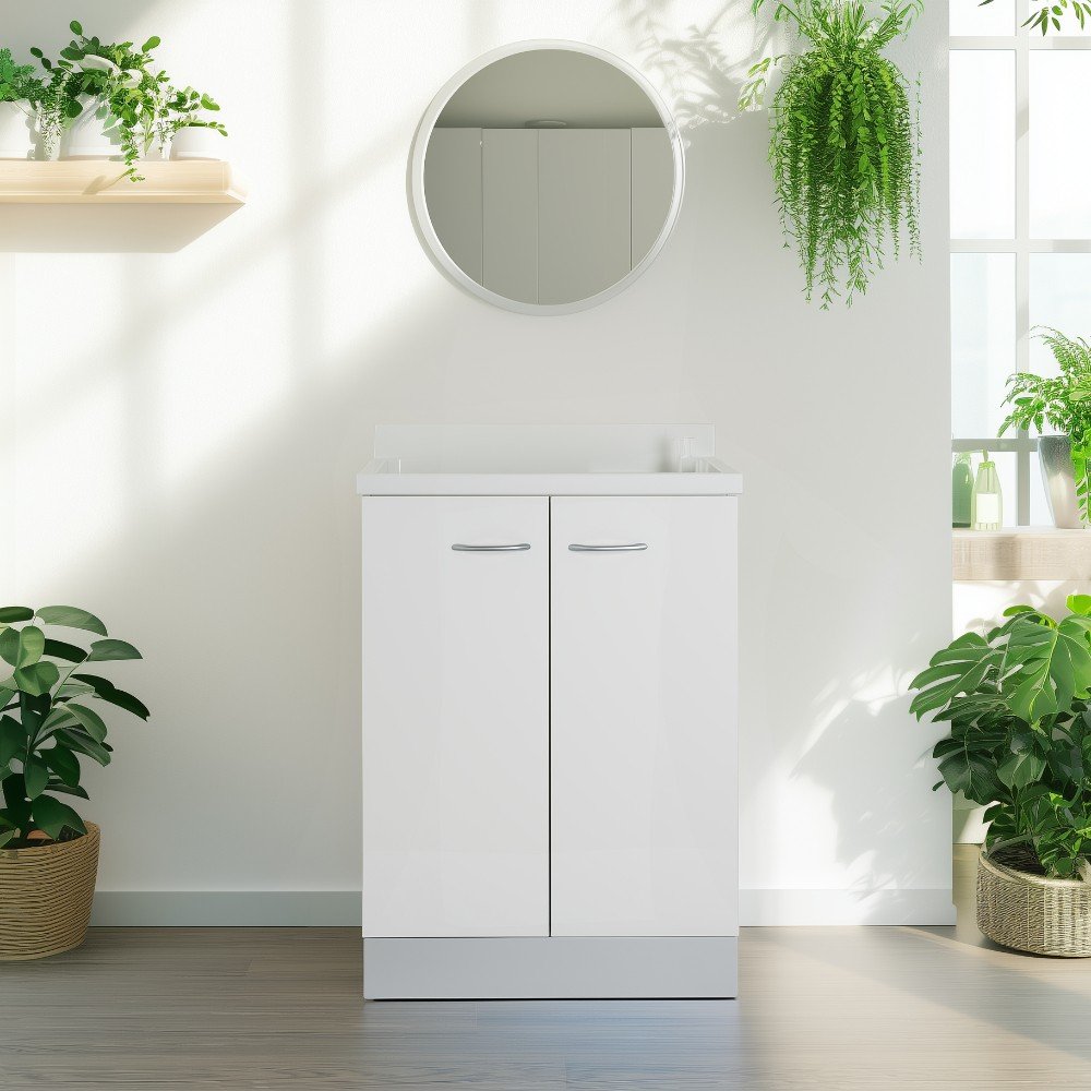 Mobile lavatoio 60x60 cm bianco con vasca in termoplastico, fondo salvagoccia e asse in termoplastico | Lavella