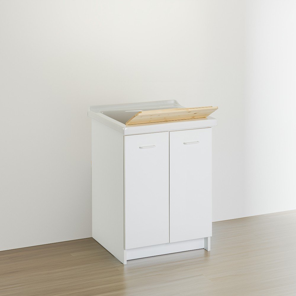 Mobile lavatoio 60x64 cm bianco con vasca in ceramica e asse in legno | Edilla 