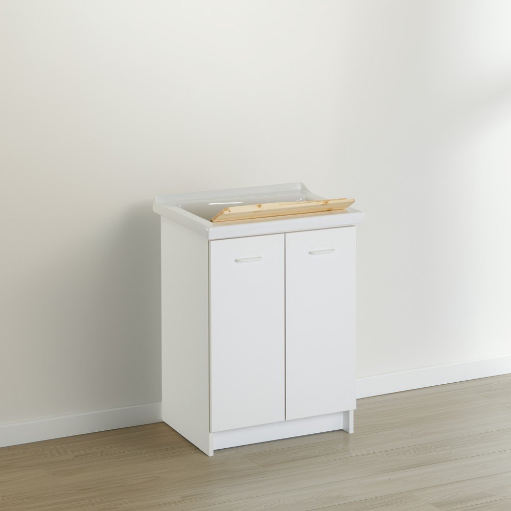 Mobile lavatoio 50x64 cm bianco con vasca in ceramica e asse in legno | Edilla