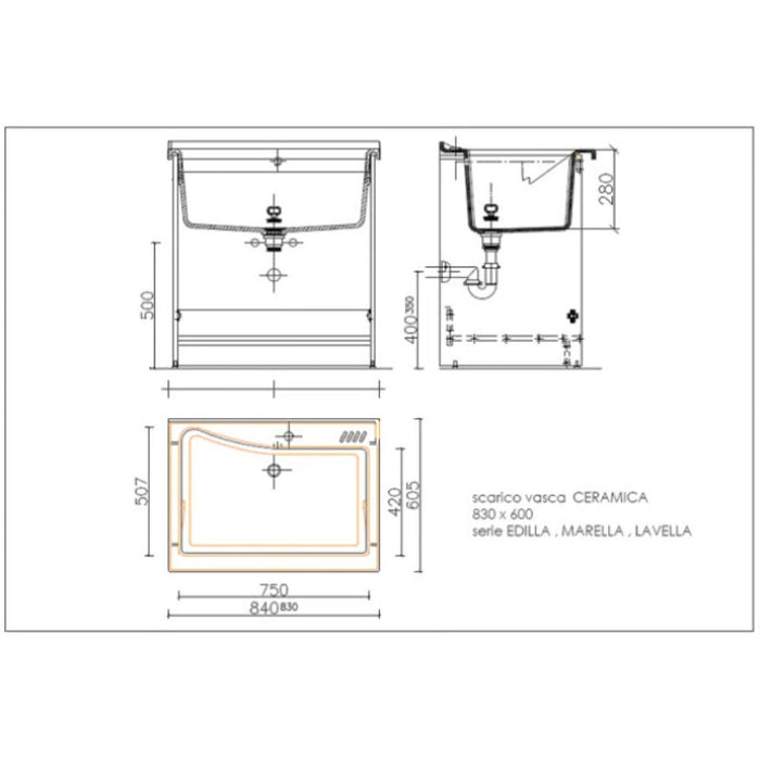 Mobile lavatoio 60x84 cm bianco con vasca in ceramica e asse in legno | Edilla