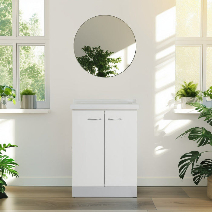 Mobile lavatoio 50x64 cm bianco con vasca in ceramica, fondo salvagoccia e asse in legno | Lavella