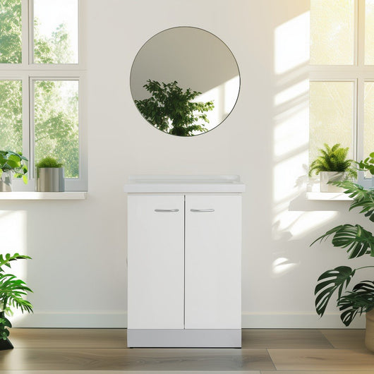Mobile lavatoio 60x64 cm bianco con vasca in ceramica, fondo salvagoccia e asse in legno | Lavella