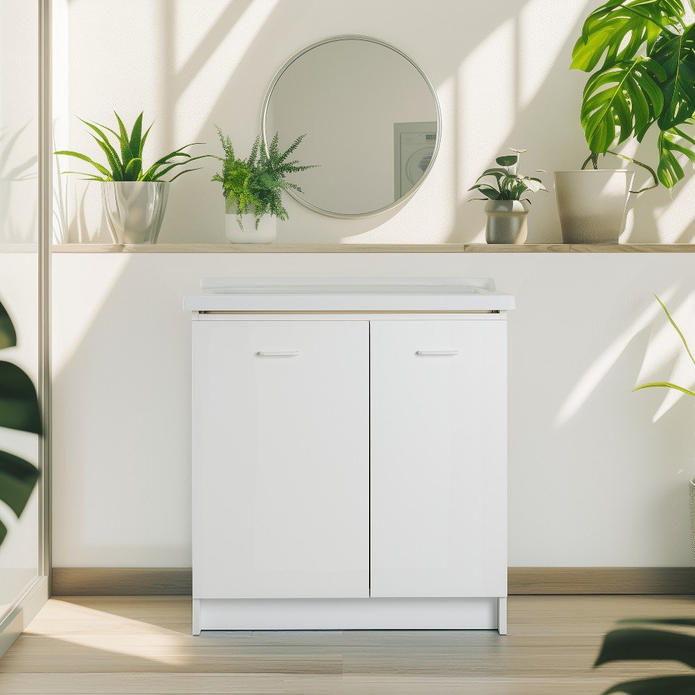 Mobile lavatoio 60x84 cm bianco con vasca in ceramica e asse in legno | Edilla