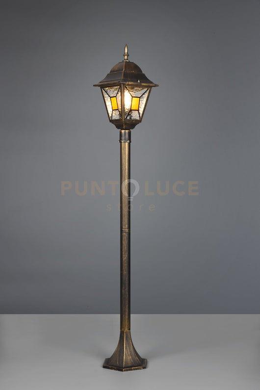 IMPERIA PALO DA ESTERNO 4 LATI FUSIONE DI ALLUMINIO RUGGINE E VETRO VERNICIATO EFFETTO GHIACCIO ED INSERTO GIALLO H. 120CM IP44 1 LUCE ATTACCO E27