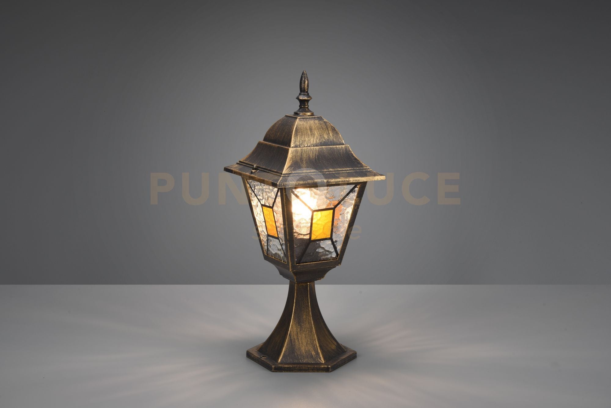 IMPERIA PALO SEGNAVIALI DA ESTERNO 4 LATI FUSIONE DI ALLUMINIO RUGGINE E VETRO VERNICIATO EFFETTO GHIACCIO ED INSERTO GIALLO H. 44CM IP44 1 LUCE ATTACCO E27