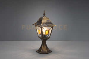 IMPERIA PALO SEGNAVIALI DA ESTERNO 4 LATI FUSIONE DI ALLUMINIO RUGGINE E VETRO VERNICIATO EFFETTO GHIACCIO ED INSERTO GIALLO H. 44CM IP44 1 LUCE ATTACCO E27