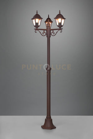 LIVENZA PALO ALTO 3 LANTERNE DA ESTERNO 4 LATI FUSIONE DI ALLUMINIO RUGGINE E VETRO TRASPARENTE H. 200CM IP44 ATTACCO E27