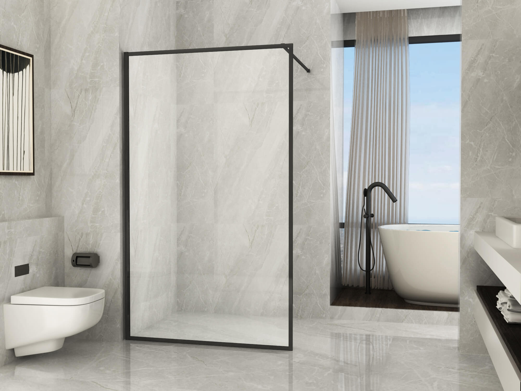 Parete Doccia Walk In H195cm 8mm Framed Profili Neri - 140 cm