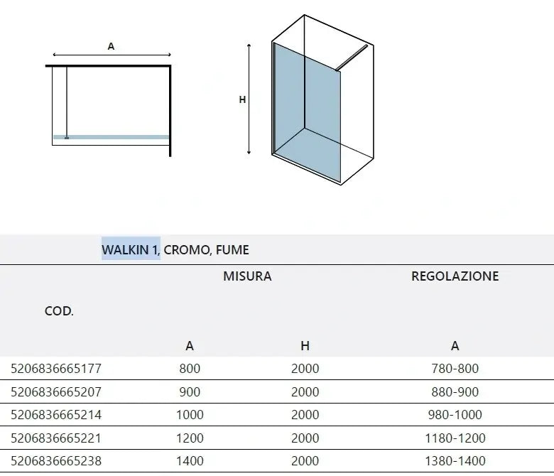 Parete Walkin H200cm Fumè 8mm Anticalcare Profili Cromo - 120 cm