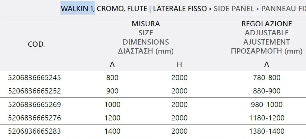Parete Walkin H200cm Opaca 8mm Anticalcare Profili Cromo - 80 cm