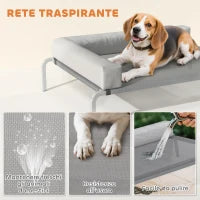 Lettino per Cani Rialzato di 20 cm con Cuscino a L, in Poliestere e Acciaio, 110x75x30 cm, Grigio e Argento