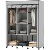 Armadio in tessuto, con 8 ripiani e 2 barre appendiabiti, Grigio