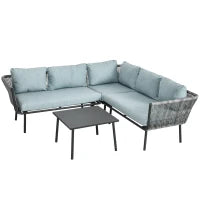 Set da Giardino 4 Pezzi in Rattan con Tavolino da Caffè, 2 Divani ad Angolo e Poltroncina, Nero Grigio e Blu