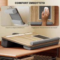 Supporto per Laptop da 15.6" con Tappetino Mouse e Poggia Polsi, Slot per Tablet e Smartphone, Rovere