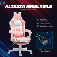 Sedia da Gaming Ergonomica con Orecchie da Gatto, Poggiapiedi, Supporto Lombare e Cervicale, Rosa
