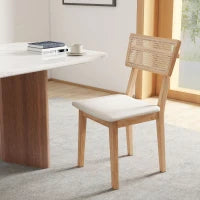 Sedia da pranzo, Schienale in rattan, Seduta in ecopelle, Legno di gomma, Legno naturale