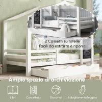 Letto per Cameretta, 6+ Anni con Lavagna e Recinzione, 2 Cassetti, Struttura in Pino 90x200 cm, Bianco