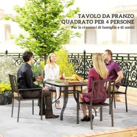 Tavolo da Giardino Quadrato a 4 Posti con Piano in Vetro e Foro per Ombrellone Ø54 mm, Nero