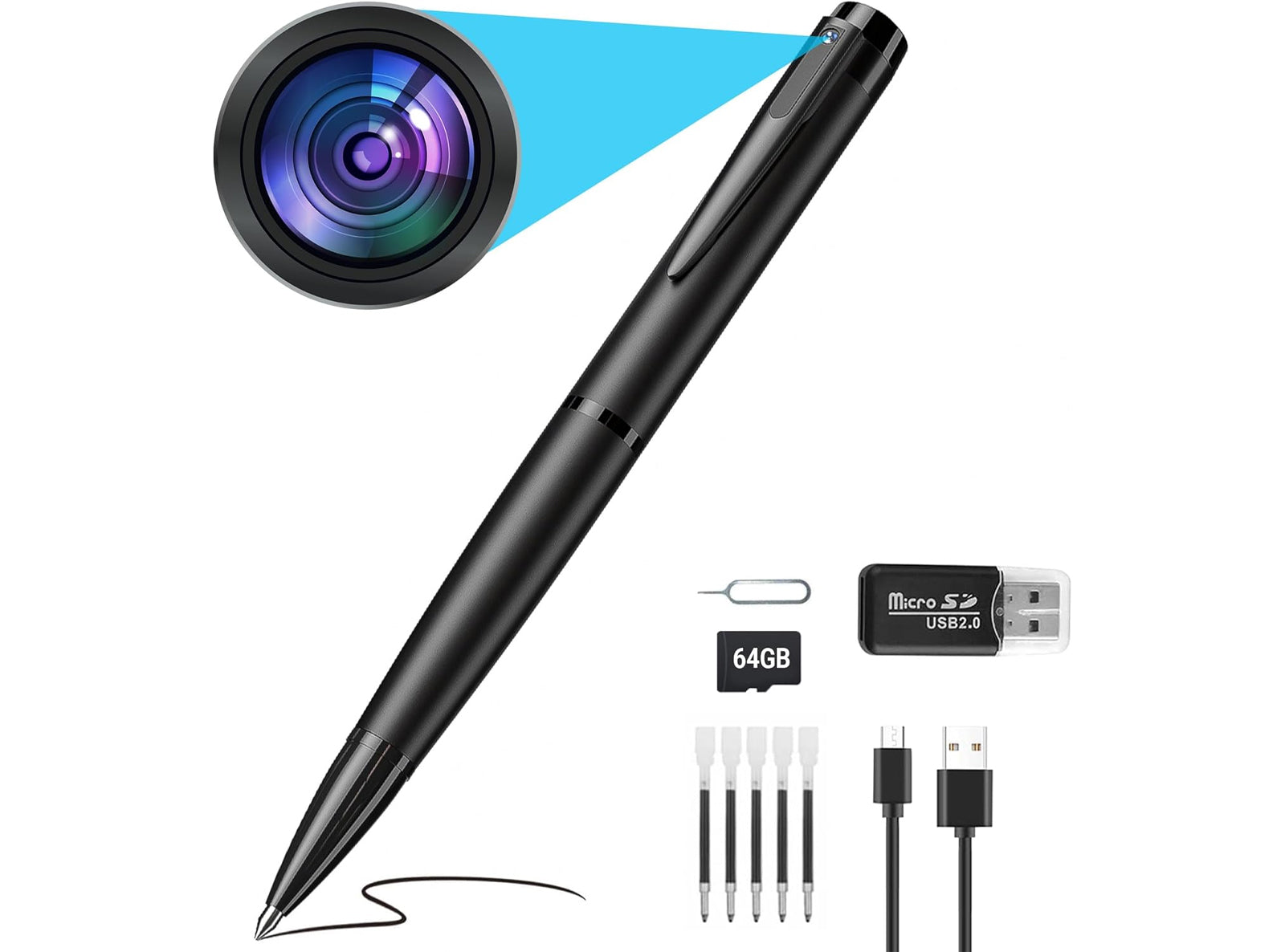 Penna con Telecamera Nascosta 1080p Full-HD Registrazione in Loop Scheda MicroSD da 64 GB Trasferimento Dati USB Rilevamento del Movimento