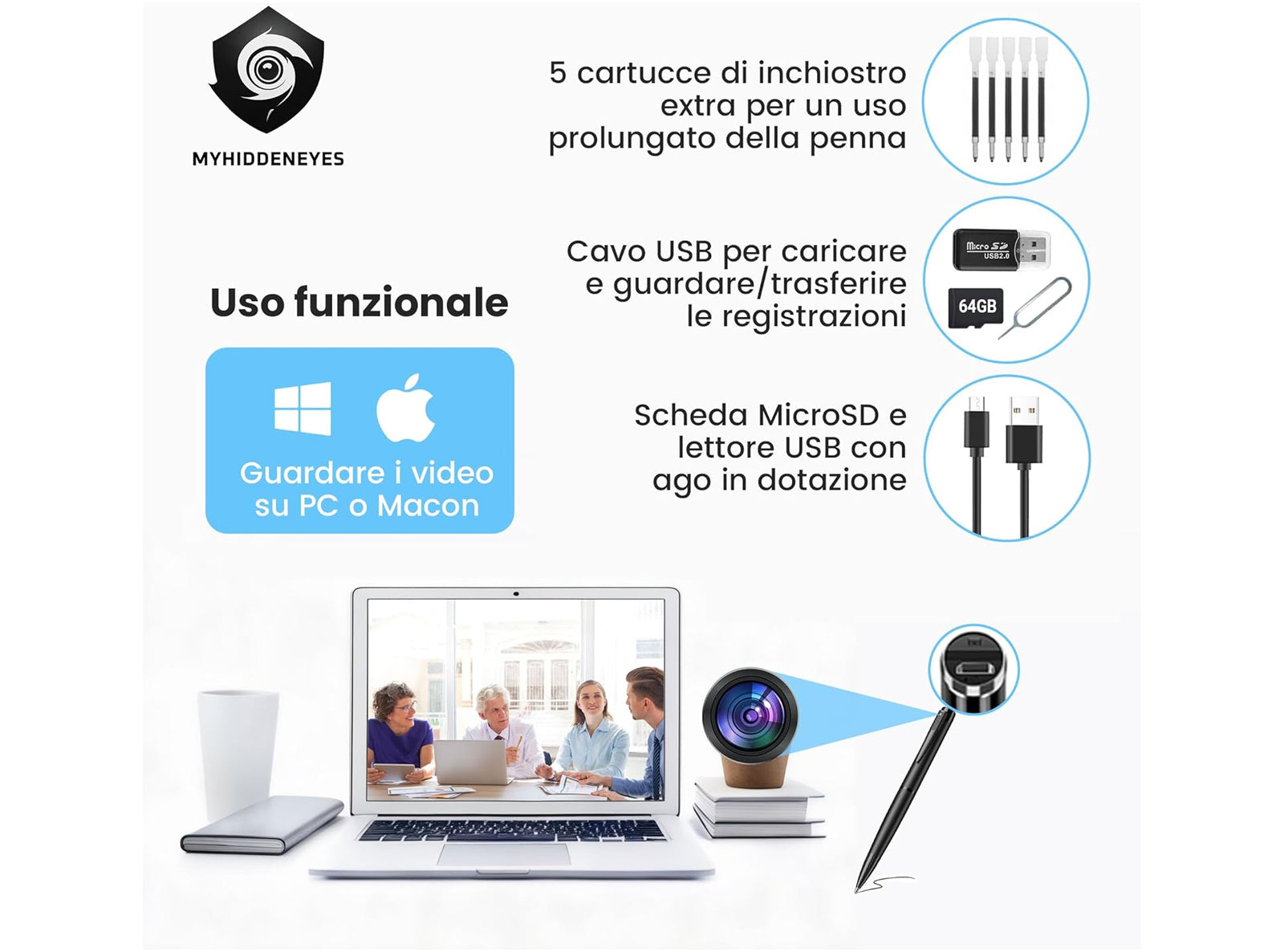 Penna con Telecamera Nascosta 1080p Full-HD Registrazione in Loop Scheda MicroSD da 64 GB Trasferimento Dati USB Rilevamento del Movimento