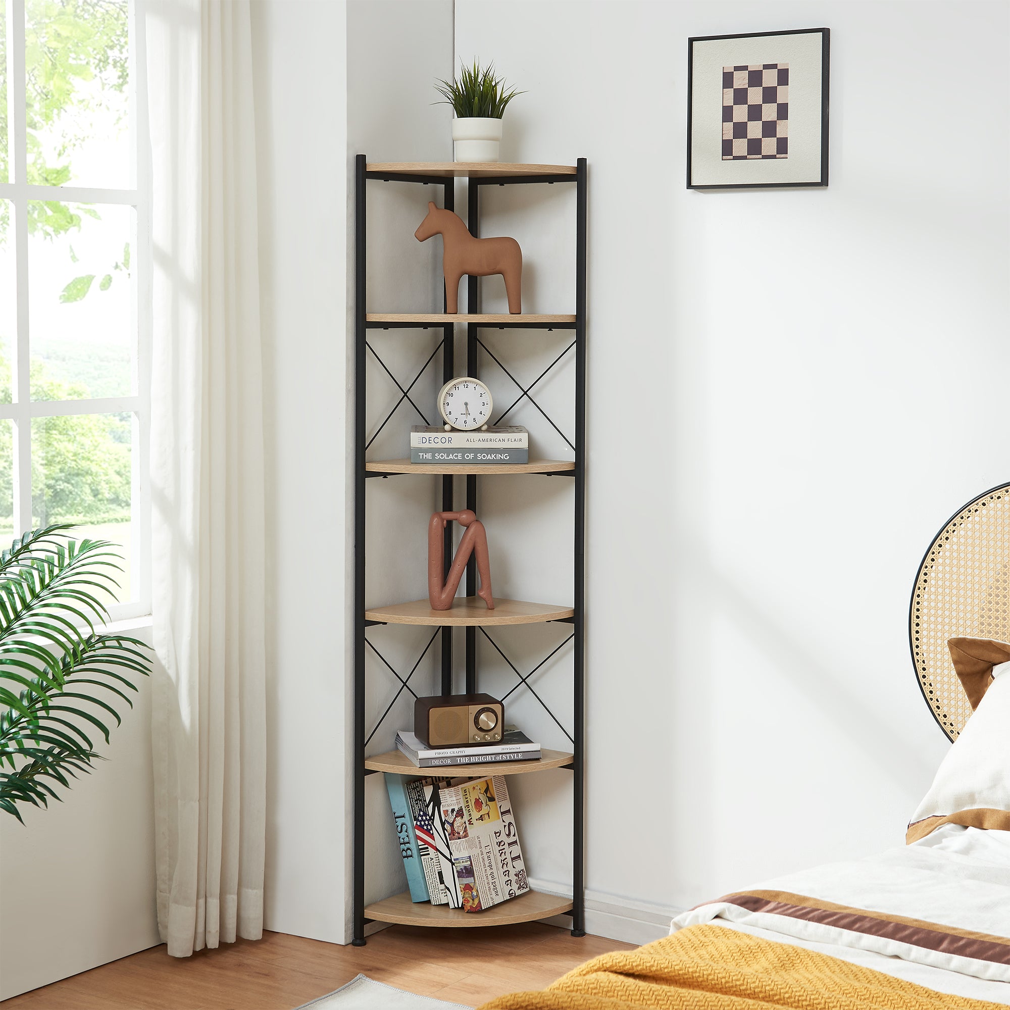 Scaffale Angolare Ulfborg con 6 Ripiani 160 x 30 x 30 cm - Nero / Effetto Rovere [en.casa]