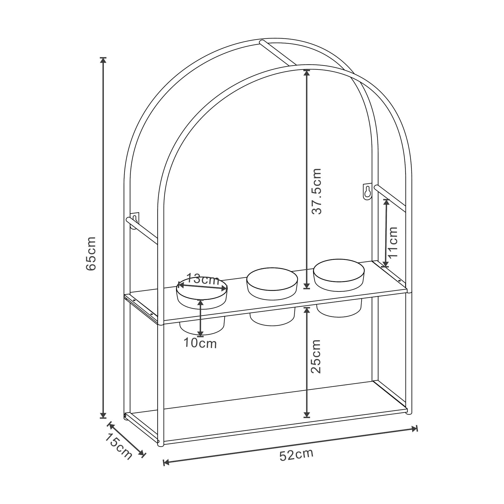 Portapiante Arcuato da Parete Merikarvia 65 x 52 x 15 cm Nero [en.casa]
