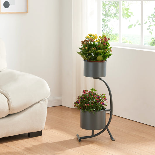 Stand Portapiante Almelo con 2 Portavasi Cilindrici - Nero [en.casa]