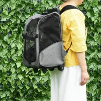 Trasportino Zaino  2 in 1 per Cani e Gatti con Tasche Laterali, Maniglia Telescopica e Ruote, 42x25x55cm, Grigio