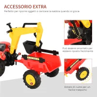 Ruspa Giocattolo a Pedali, Escavatore Cavalcabile per Bambini con Pale e Volante, 179x42x59cm Multicolore