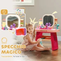Tavolo Toeletta per Bambine 3-6 Anni con Specchio in Acrilico e Rubinetto, in PP e GPPS, 55x29x71 cm, Rosa