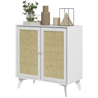 Buffet alto mobile da archiviazione design bohémien doppie porte con 2 livelli, facciata in rattan 80 x 40 x 85 cm bianco
