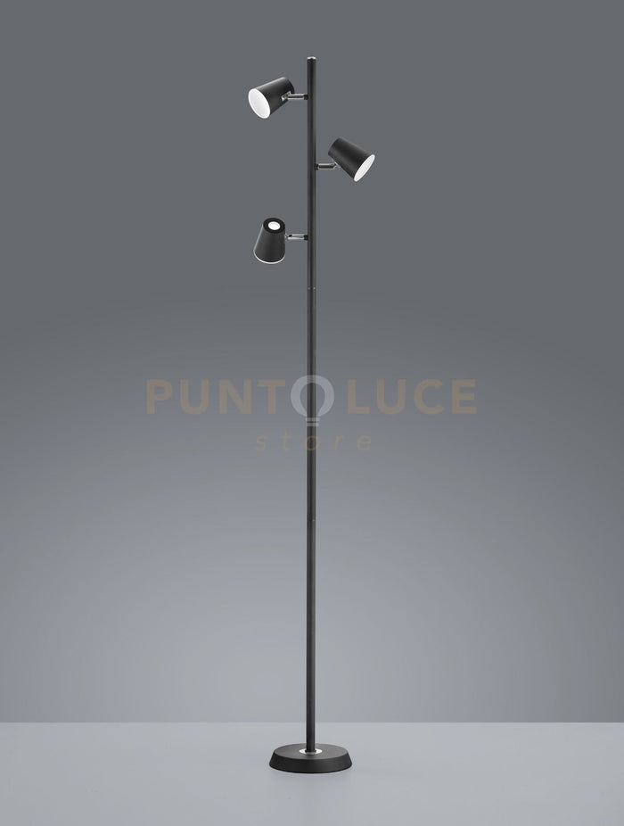 NARCOS PIANTANA LED 20,7W 1980lm, 3000K 3 DIFFUSORI ORIENTABILI LUCE PASSANTE NERO OPACO CON TOUCH DIMMER 4 INTENSITA' H.154CM