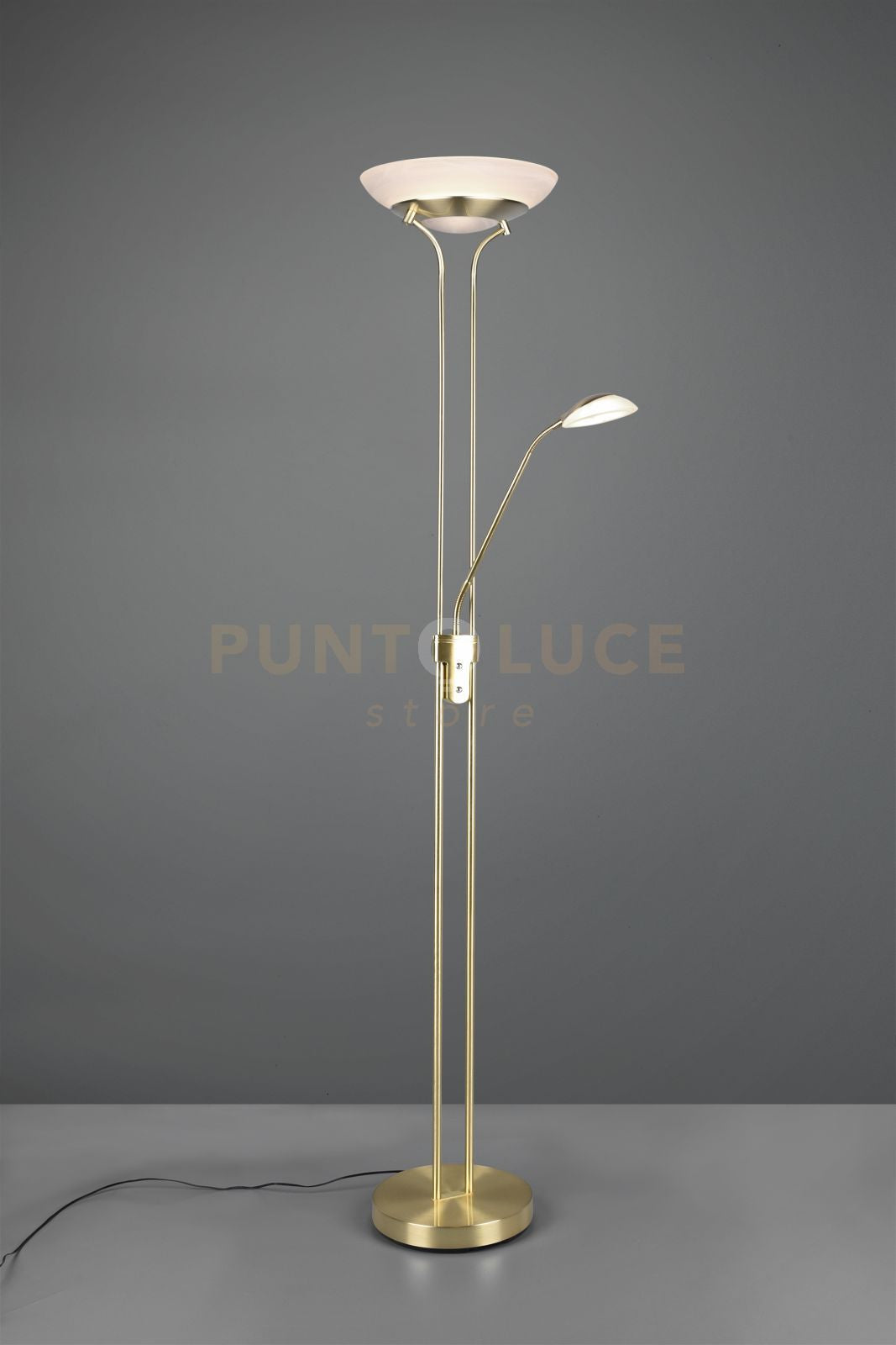 ORSON PIANTANA OTTONE SATINATO LED 6W 600lm, 3000K- 28W 3200lm, 3000K CON LAMPADA DA LETTURA CON FUNZIONE DIMMER ED ACCENSIONI SEPARATE H. 180CM