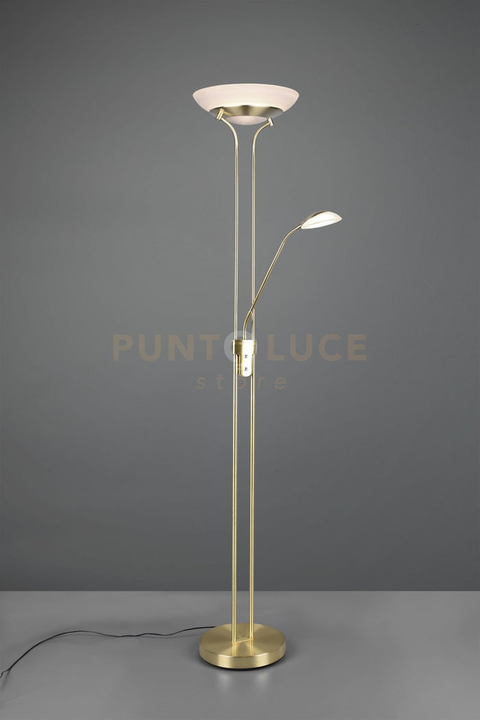 ORSON PIANTANA OTTONE SATINATO LED 6W 600lm, 3000K- 28W 3200lm, 3000K CON LAMPADA DA LETTURA CON FUNZIONE DIMMER ED ACCENSIONI SEPARATE H. 180CM